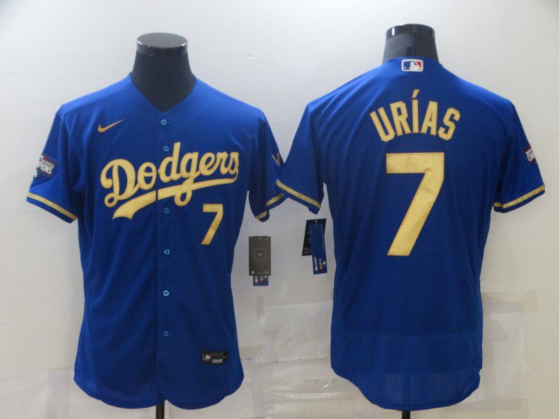 Men Los Angeles Dodgers 7 Urias Blue all gold characters Elite 2021 Nike MLB Jersey
